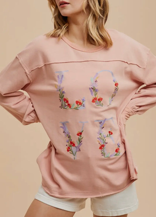 LOVE Embroidered Terry Pullover