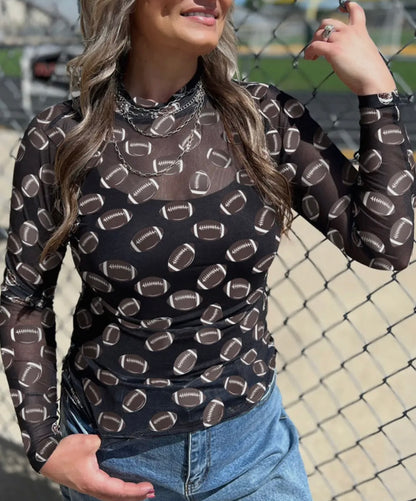 Black Game Day Mesh/Sheer Long Sleeve Top