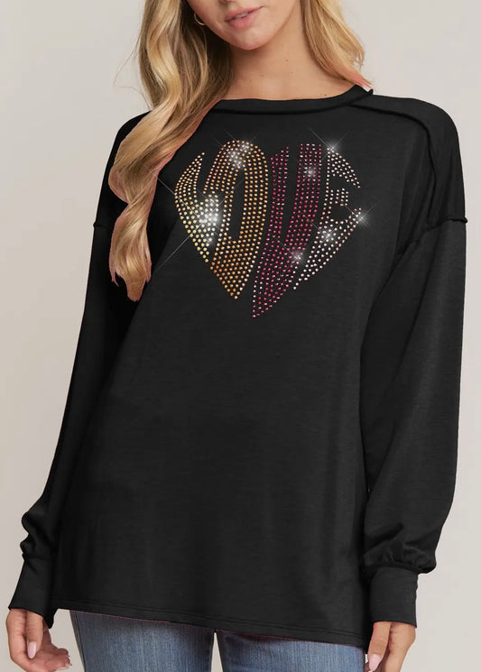 Rhinestone “LOVE” Pullover With Raw Edge Seam-Black