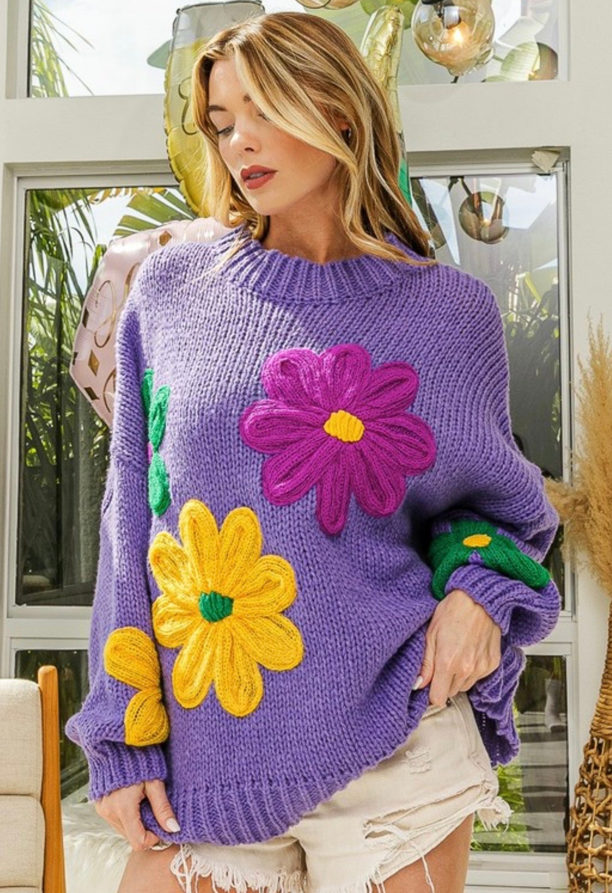 “Mardi Gras Colors” Flowers Embroidered Sweater