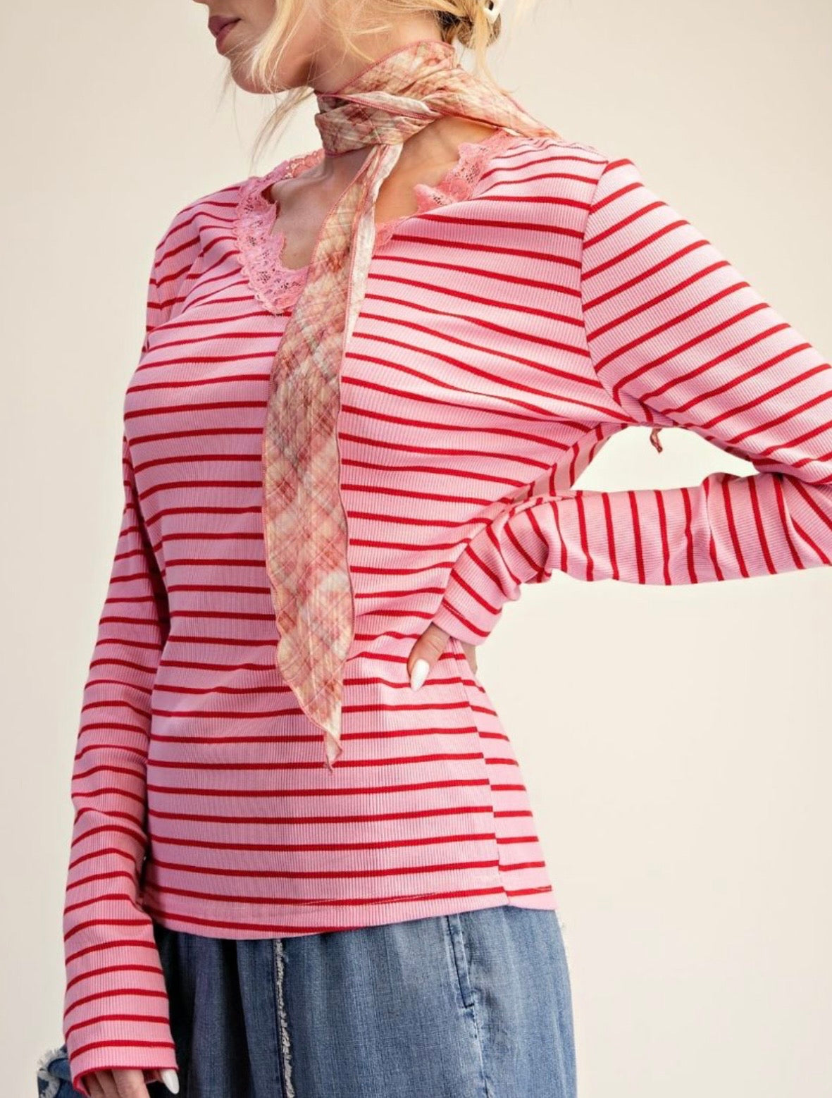 Pink/Red Stripe W/Lace V-Neck Detail Top