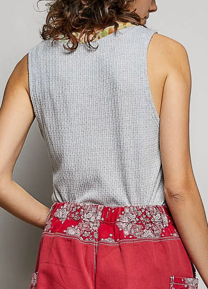 Dove Gray/Floral Trim V-Neck Textured Tank