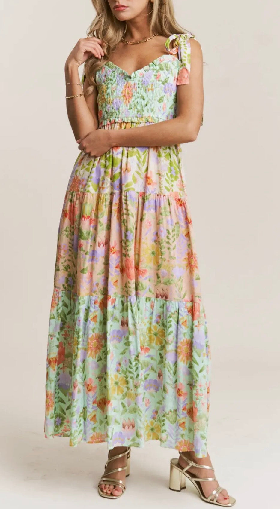 Multi Print Smocked V-Neck Maxi Dress