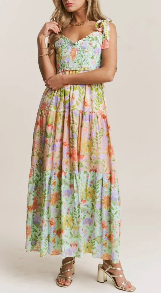 Multi Print Smocked V-Neck Maxi Dress