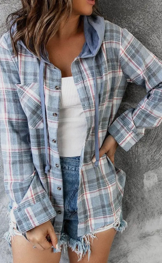 Hooded Plaid Shirt (Two Colors)