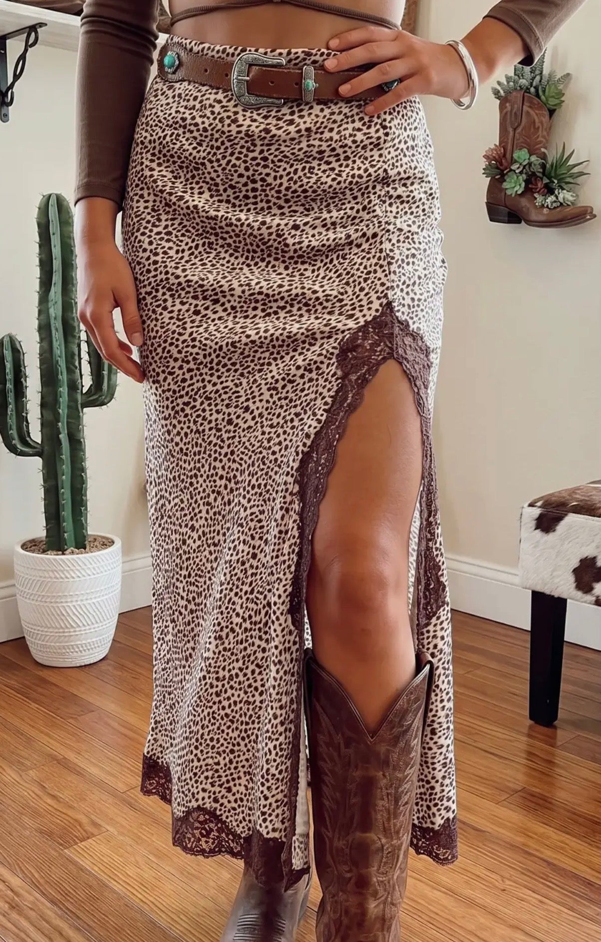 Cheetah Ruched High Waist Slit Skirt W/Lace Trim