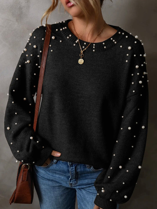 Pearl Embellished Round Neck Sweater-Black