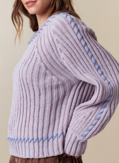 Lavender Sweater With Chunky Blanket Stitch Accent
