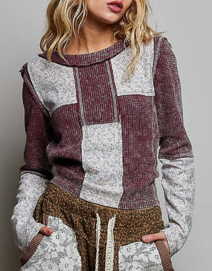 Waffle Knit Contrast Patchwork Top