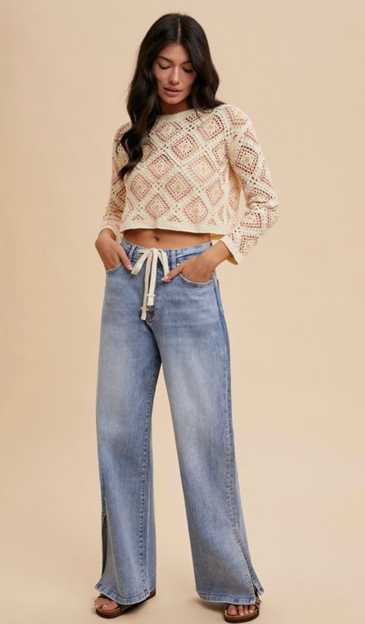 Tie Waist/Split Hem Wide Leg Jeans