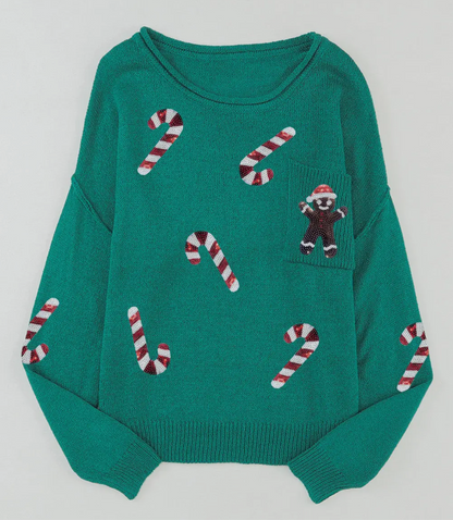 Green Sequined Candy Cane Sweater