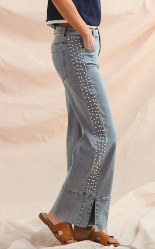 Mid Rise Pearl Embellished Slit Hem Jeans