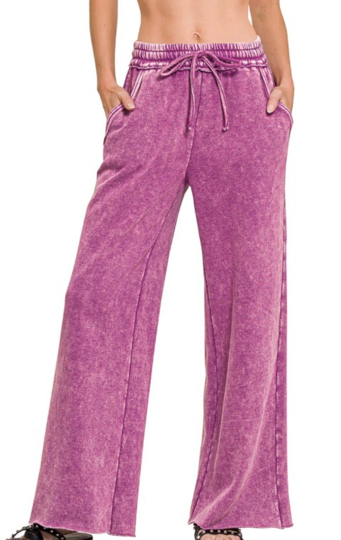 Lt. Plum Acid Washed Fleece Palazzo Sweat Pants W/Pockets