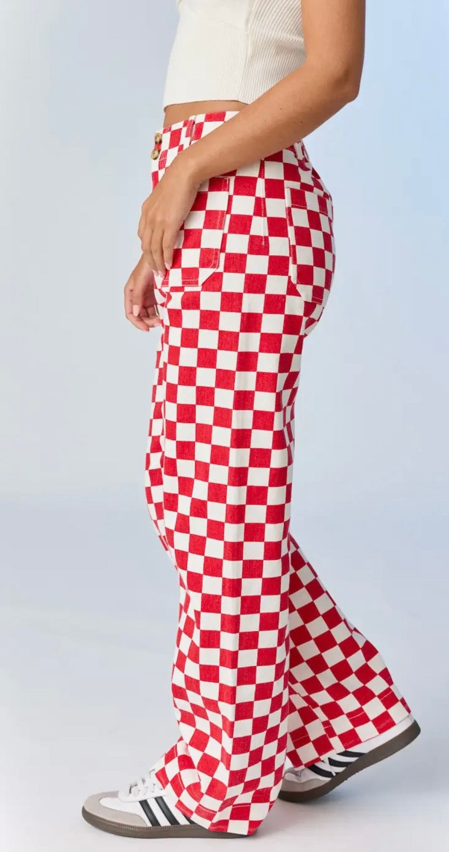 Checkerboard Wide  Leg Denim-Red