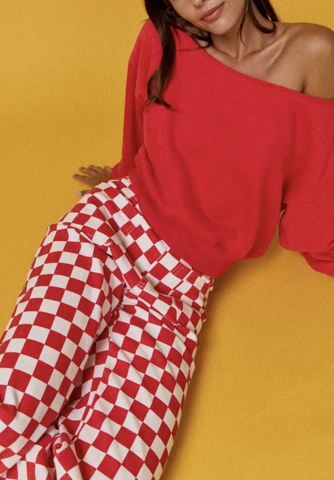 Checkerboard Wide  Leg Denim-Red