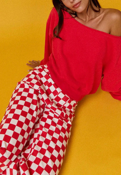 Checkerboard Wide  Leg Denim-Red