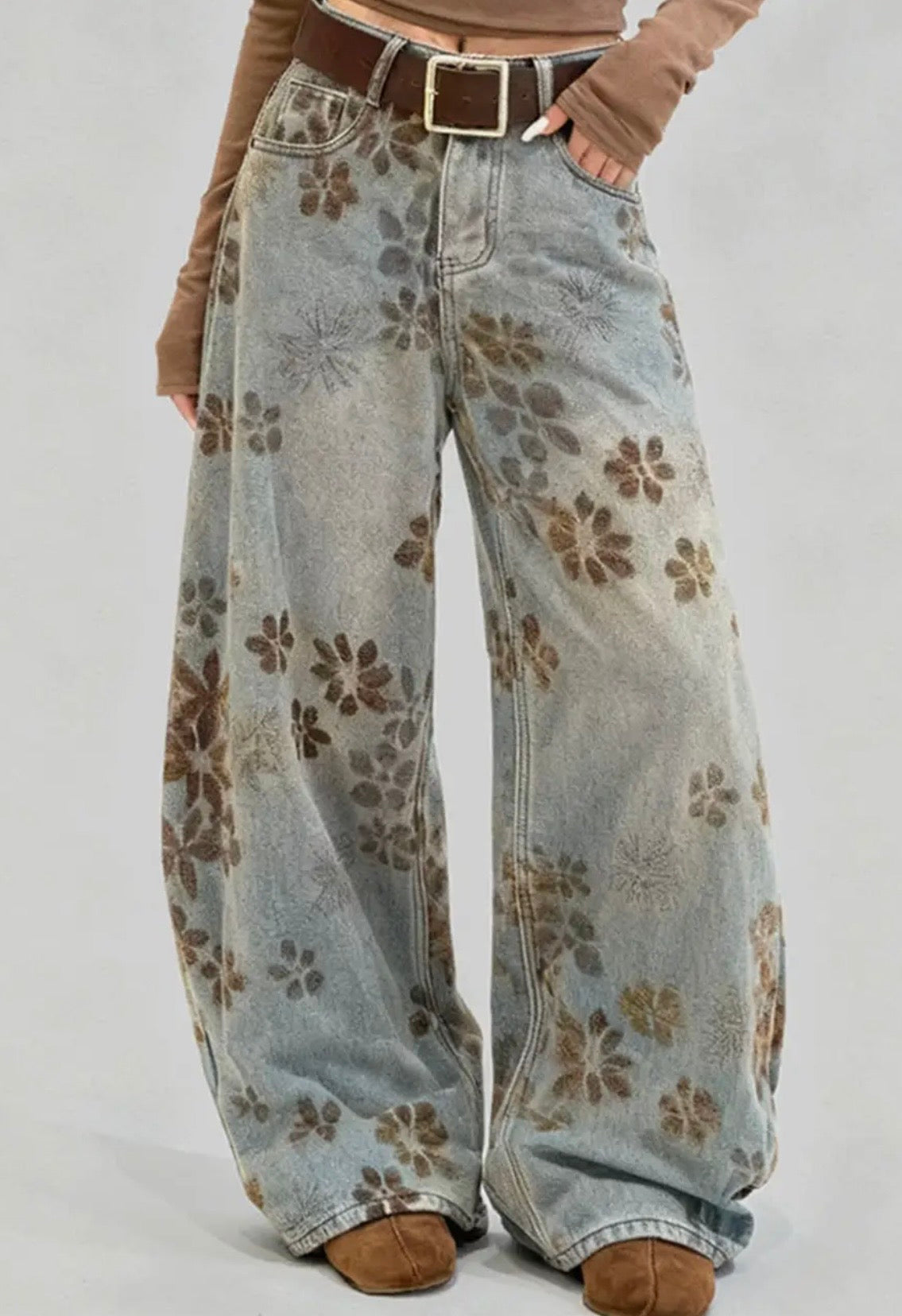 Floral Print Wide Leg Denim Pants