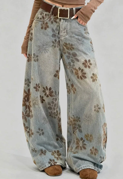 Floral Print Wide Leg Denim Pants