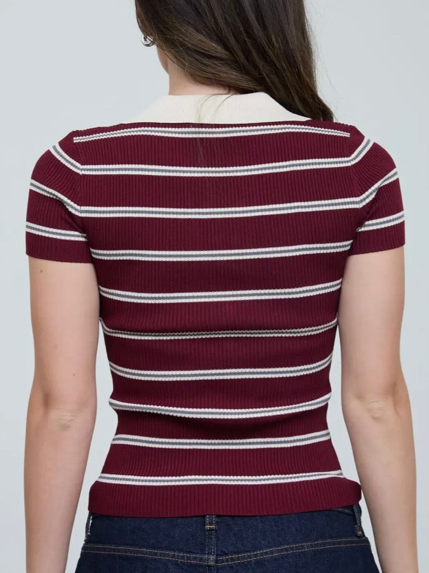 Multi Striped Ribbed SS Polo Top