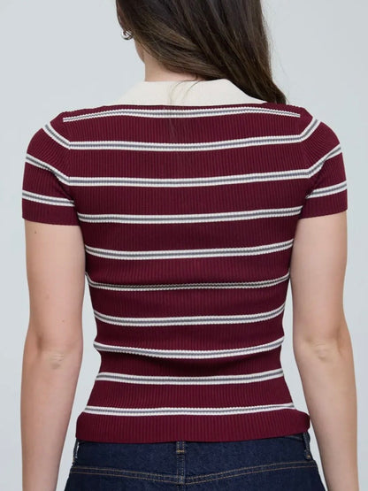 Multi Striped Ribbed SS Polo Top