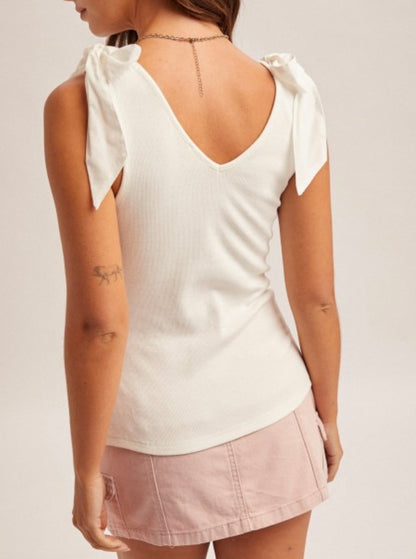 Bow Tie V-Neck Ribbed Tank-White
