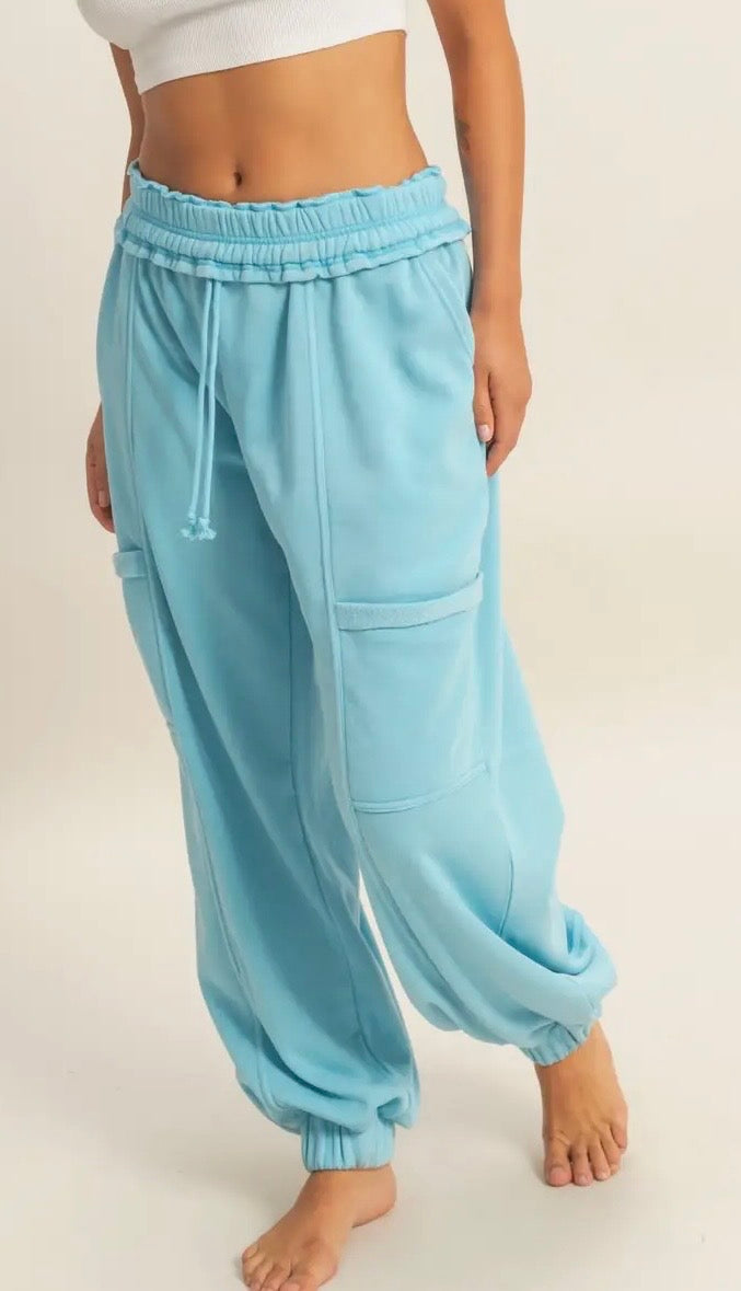 Blue Ruffle Waist Burnout Joggers