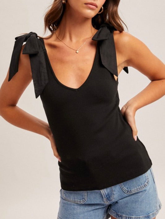 Bow Tie V-Neck Ribbed Tank-Black