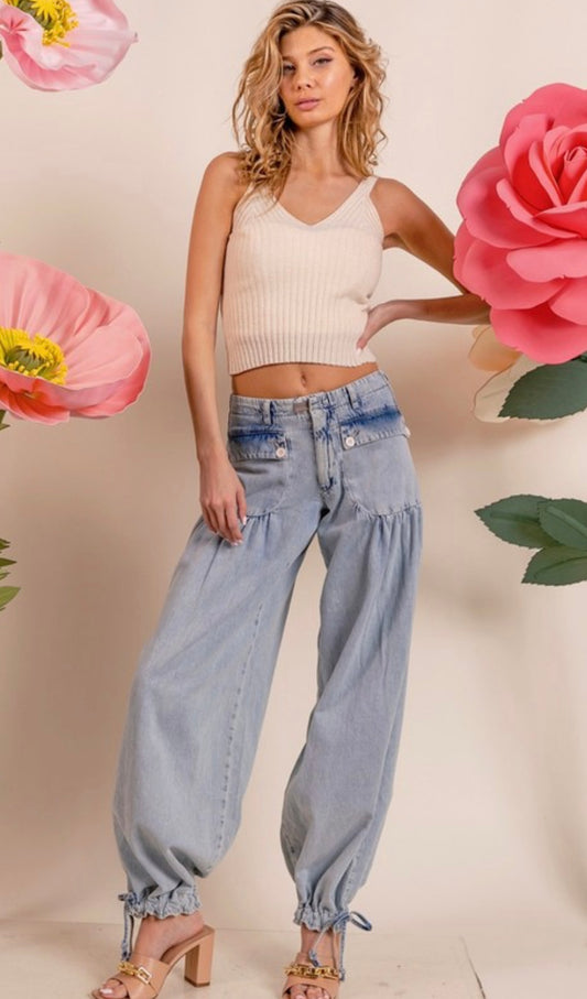 Lt.Denim Wide Leg Jeans/Tie Hem Detail