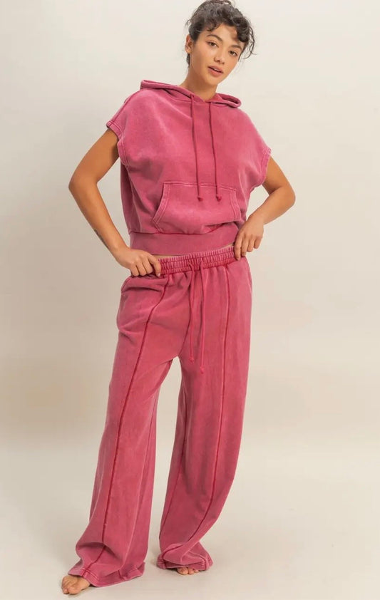 Dark Red Acid Wash French Terry Wide Leg Pants