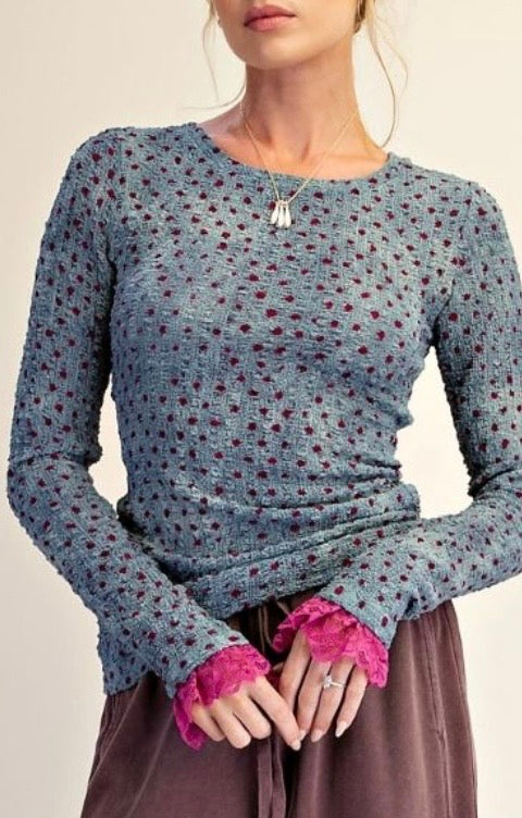 Teal Polka Dot Washed Mesh Top