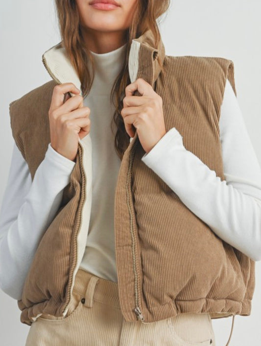 Camel and Ivory Corduroy Puffer Vest
