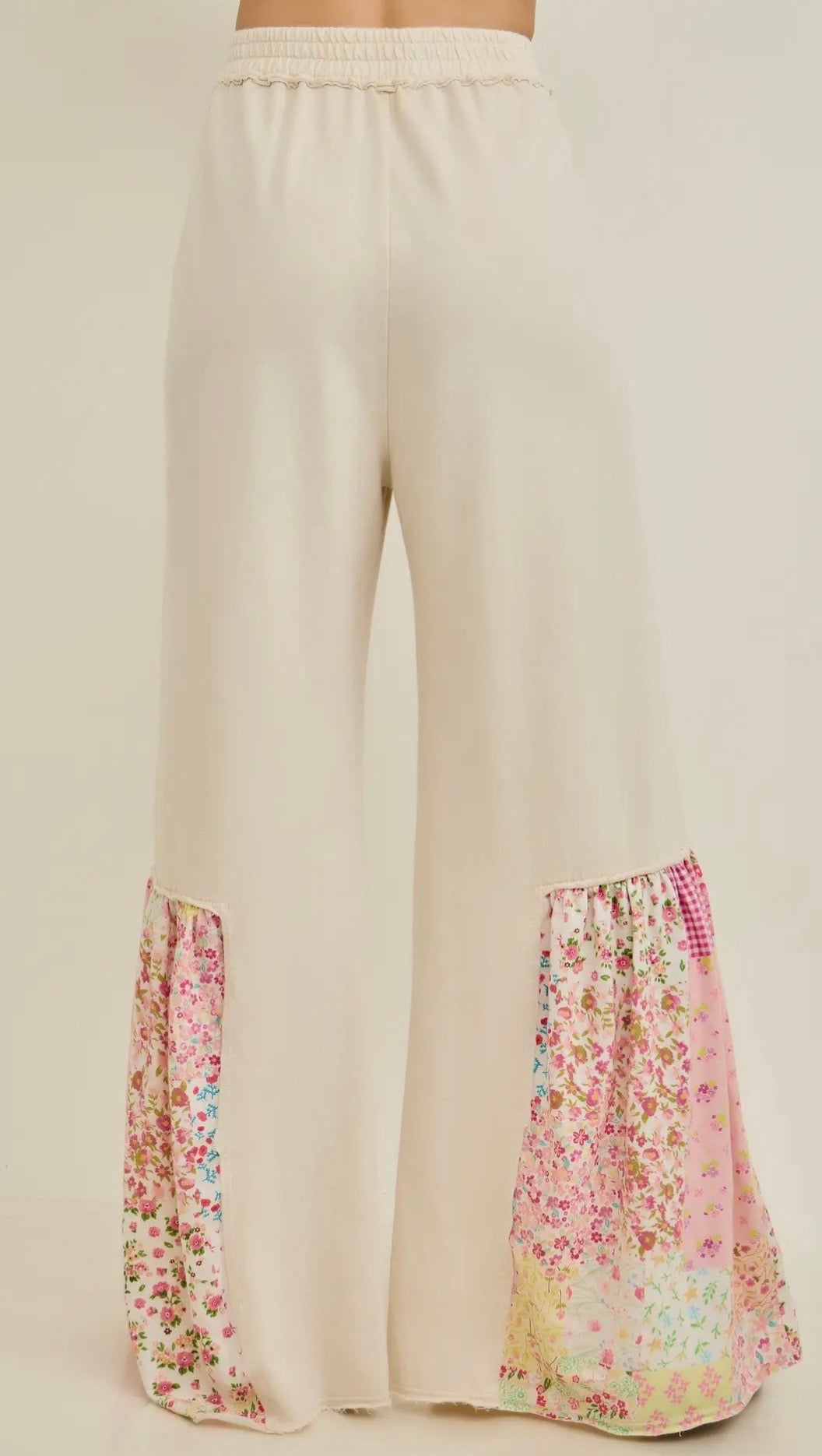 Mineral Washed “Spring Picnic” Print Ruffle Boho Style Pants