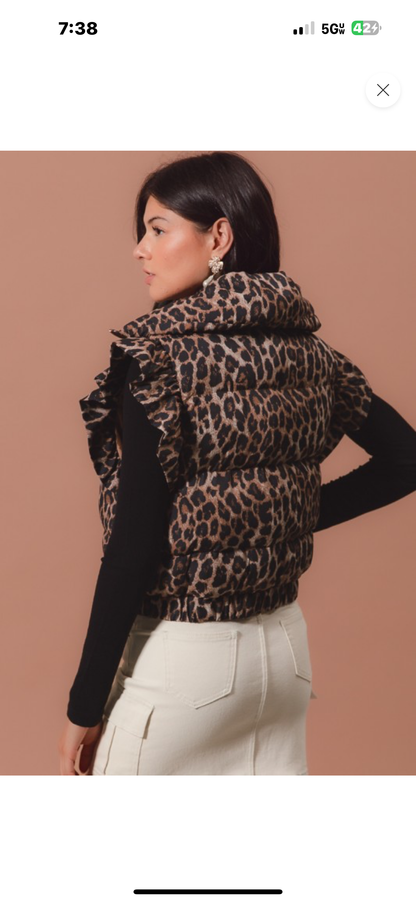 Leopard Print Puffer Vest/Ruffle Sleeves