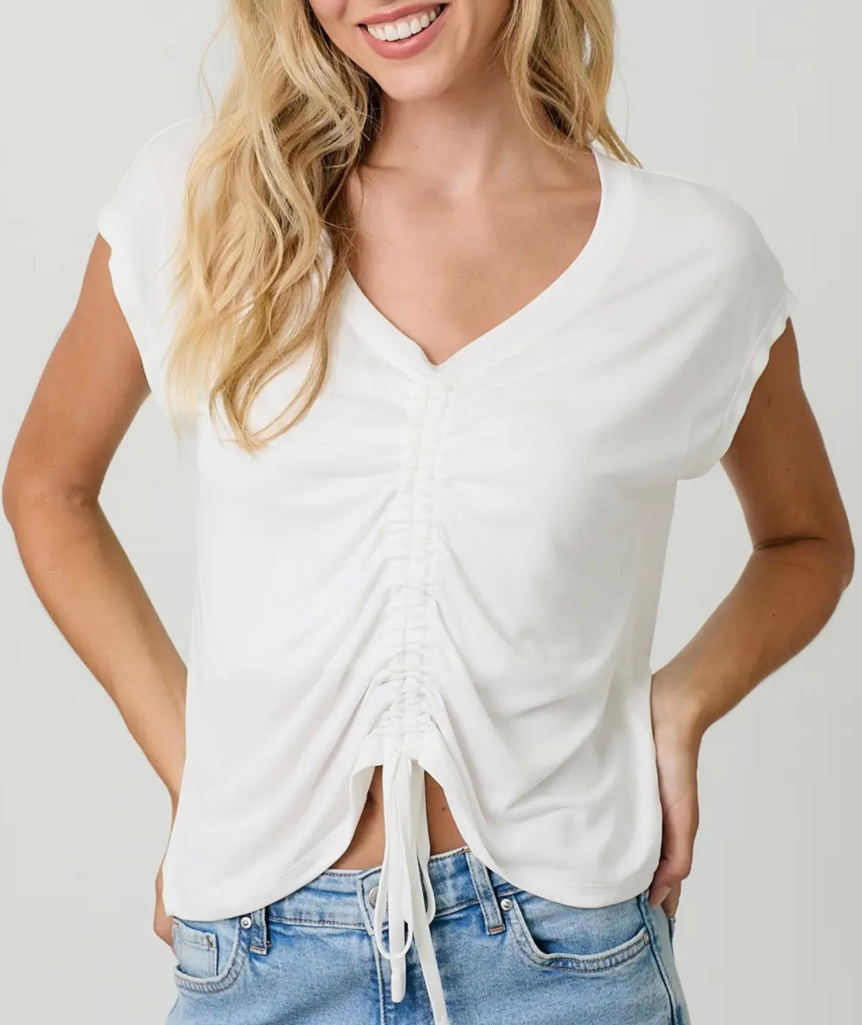 Front Ruche Drawstring Modal Top-Off White