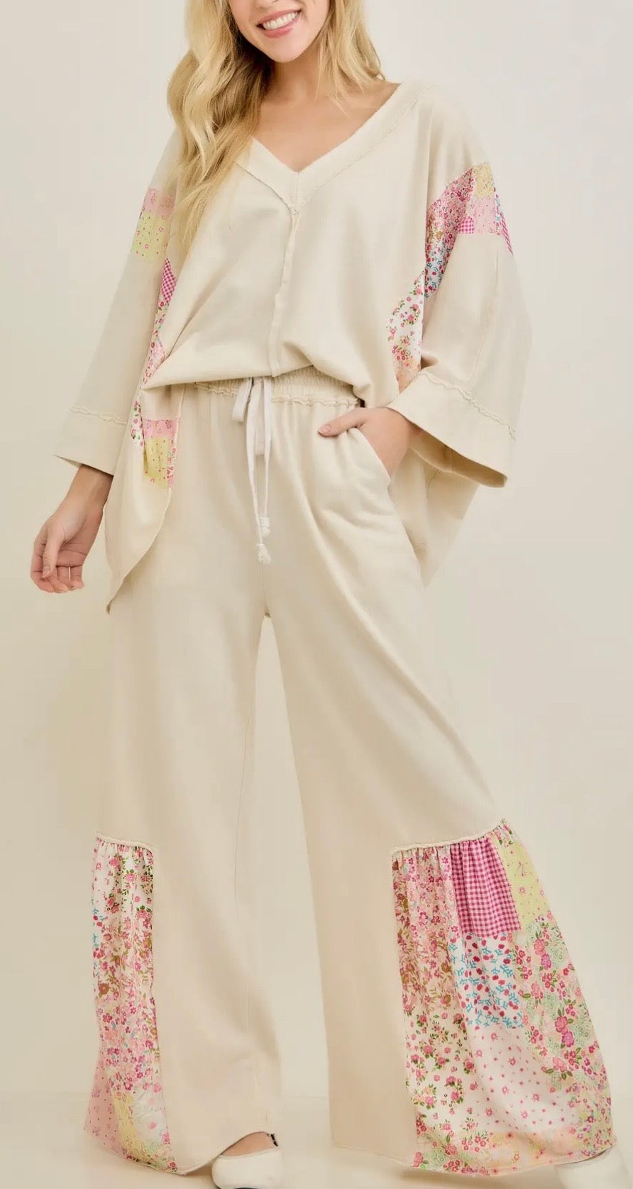 Mineral Washed “Spring Picnic” Print V-Neck Poncho