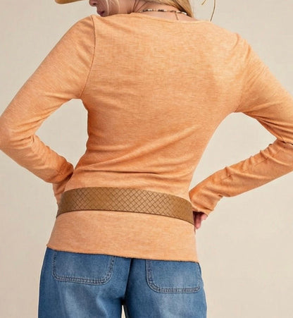 Ribbed Lace V-Neck Top-Persimmon