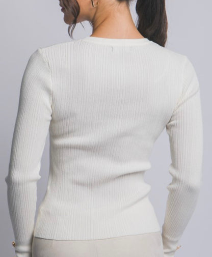 Ivory Ribbed Knit Top W/Gold Buttons