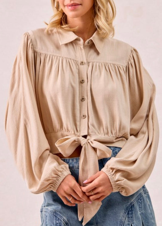 Boho Oatmeal Tie Hem Top
