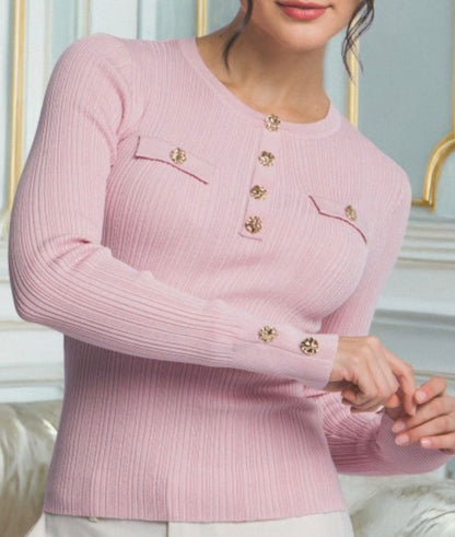 Pink Ribbed Knit Top W/Gold Buttons