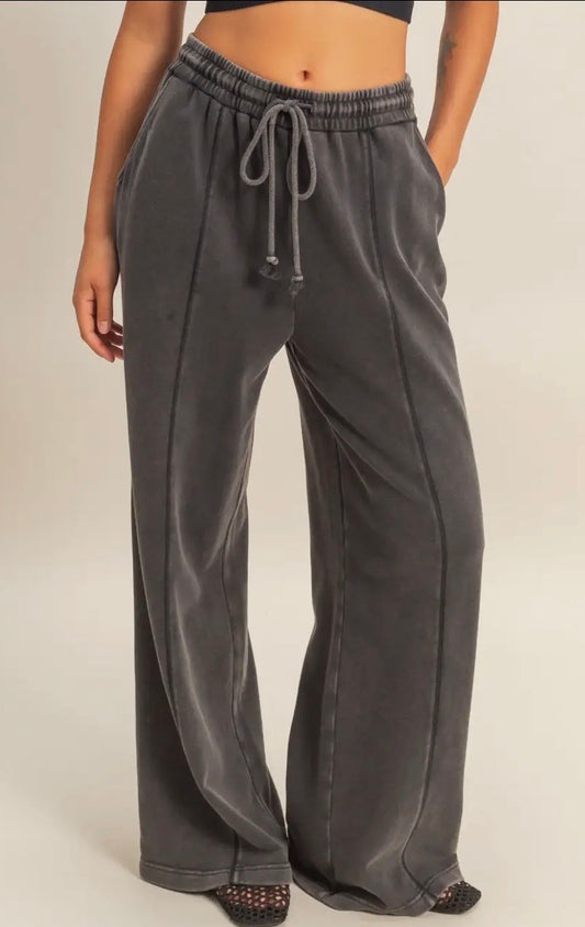 Black Acid Wash French Terry Wide Leg Pants