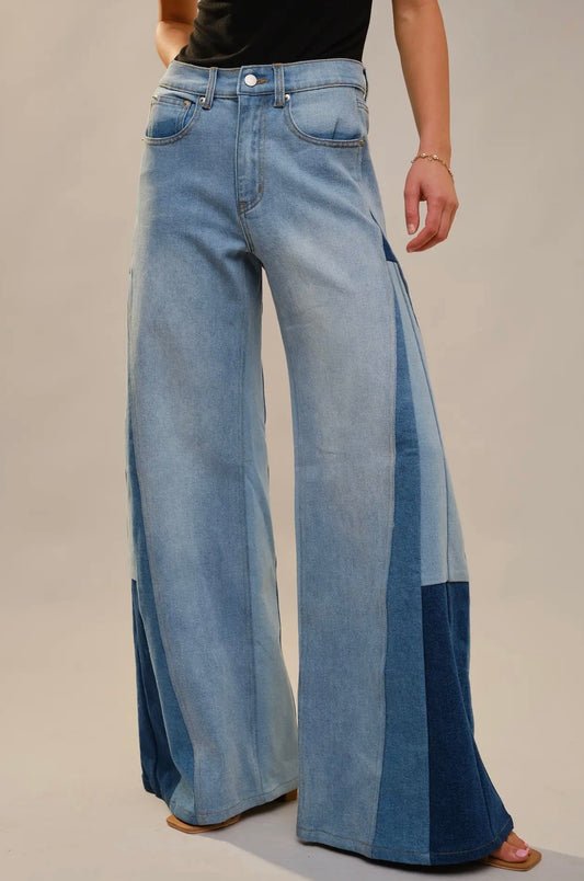 High Rise Wide Leg Color Block Jeans