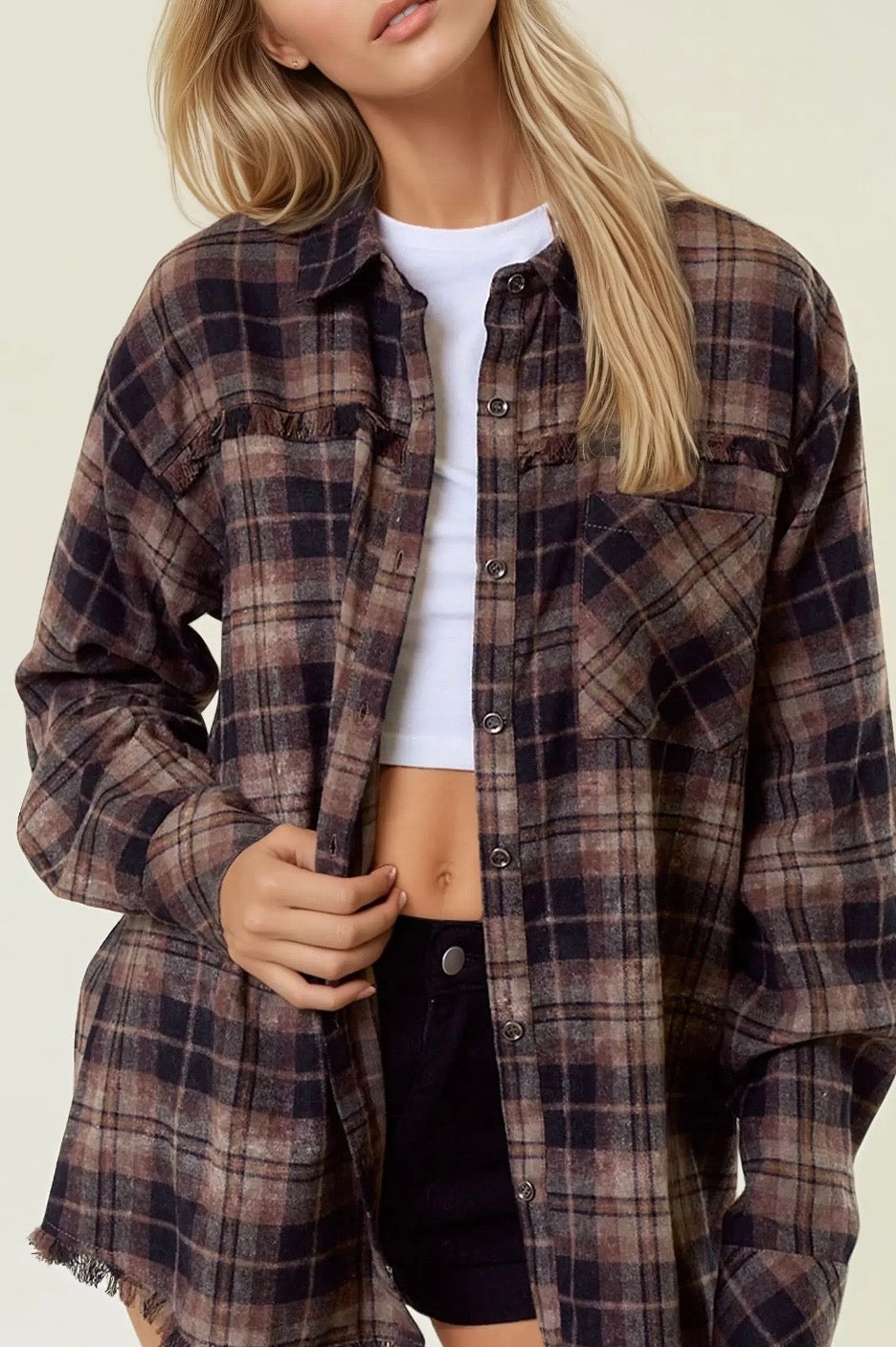 Plaid Flannel Shirt With Frayed Detail-Brown/Black