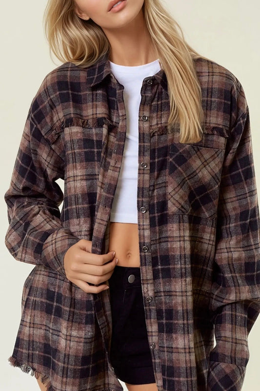 Plaid Flannel Shirt With Frayed Detail-Brown/Black