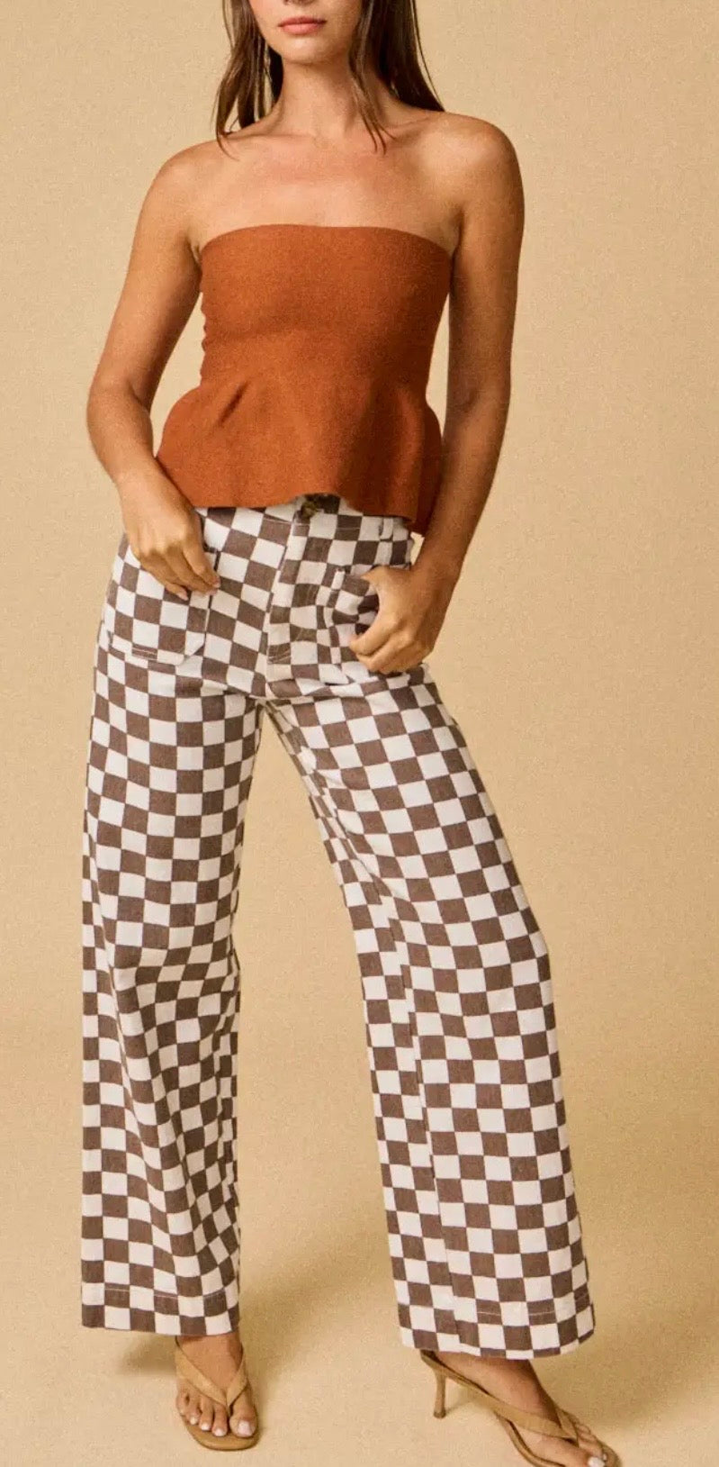 Checkerboard Wide  Leg Denim-Taupe