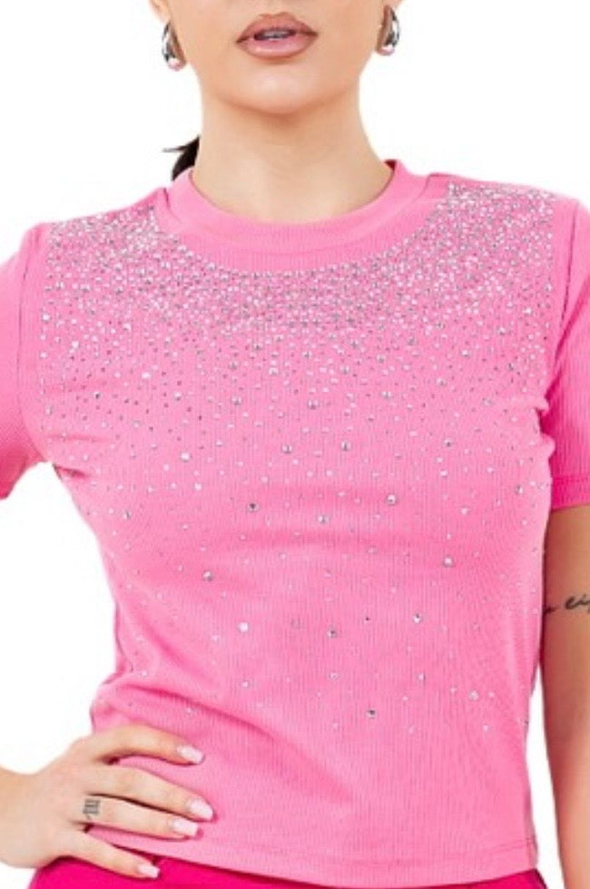 Ribbed Rhinestone Tee-Pink