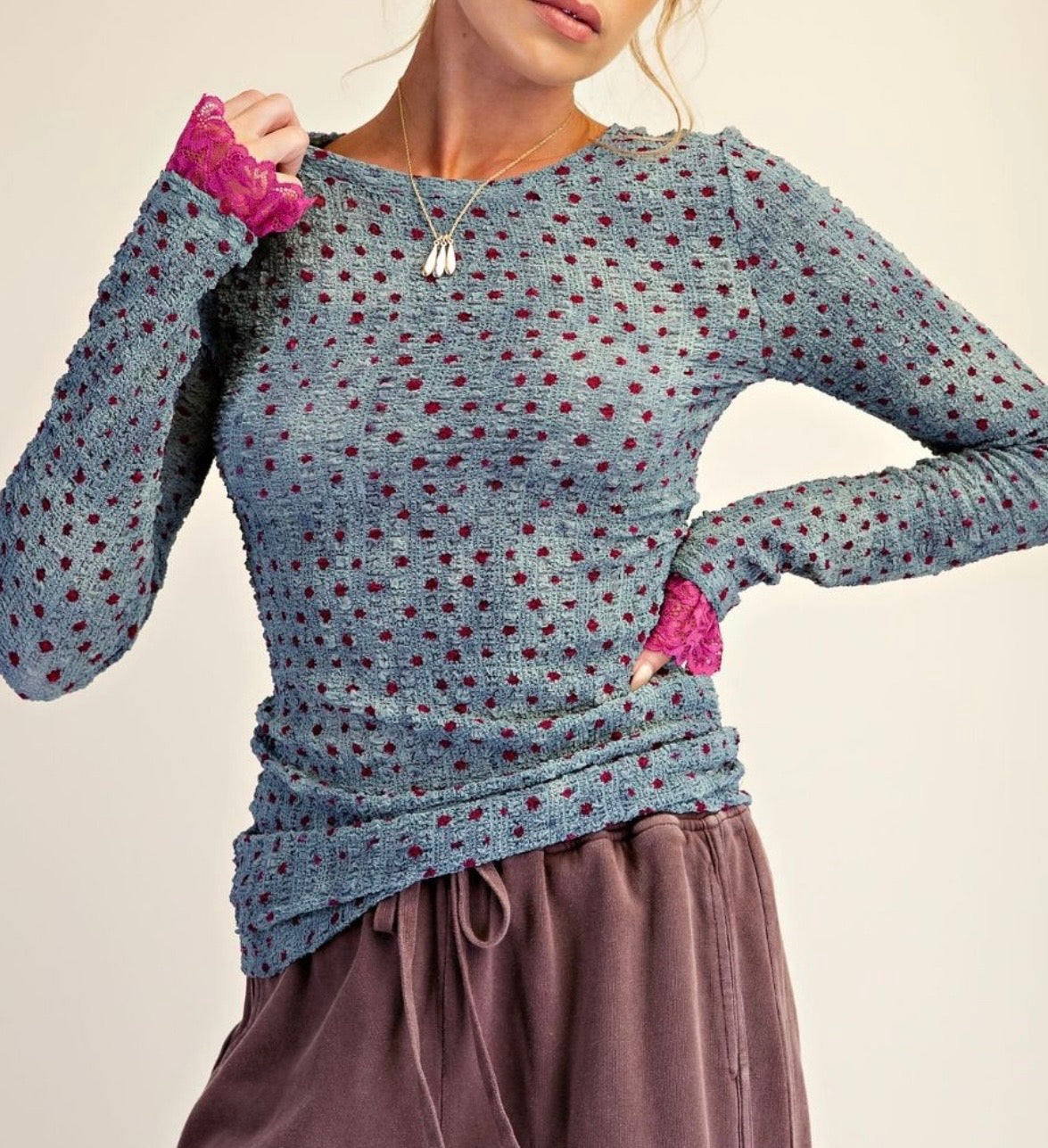 Teal Polka Dot Washed Mesh Top