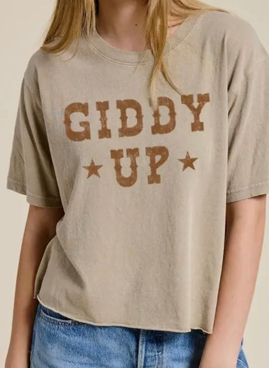 Giddy Up Graphic Raw Hem Faux Crop Tee-Sand