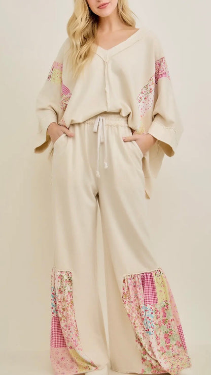 Mineral Washed “Spring Picnic” Print Ruffle Boho Style Pants