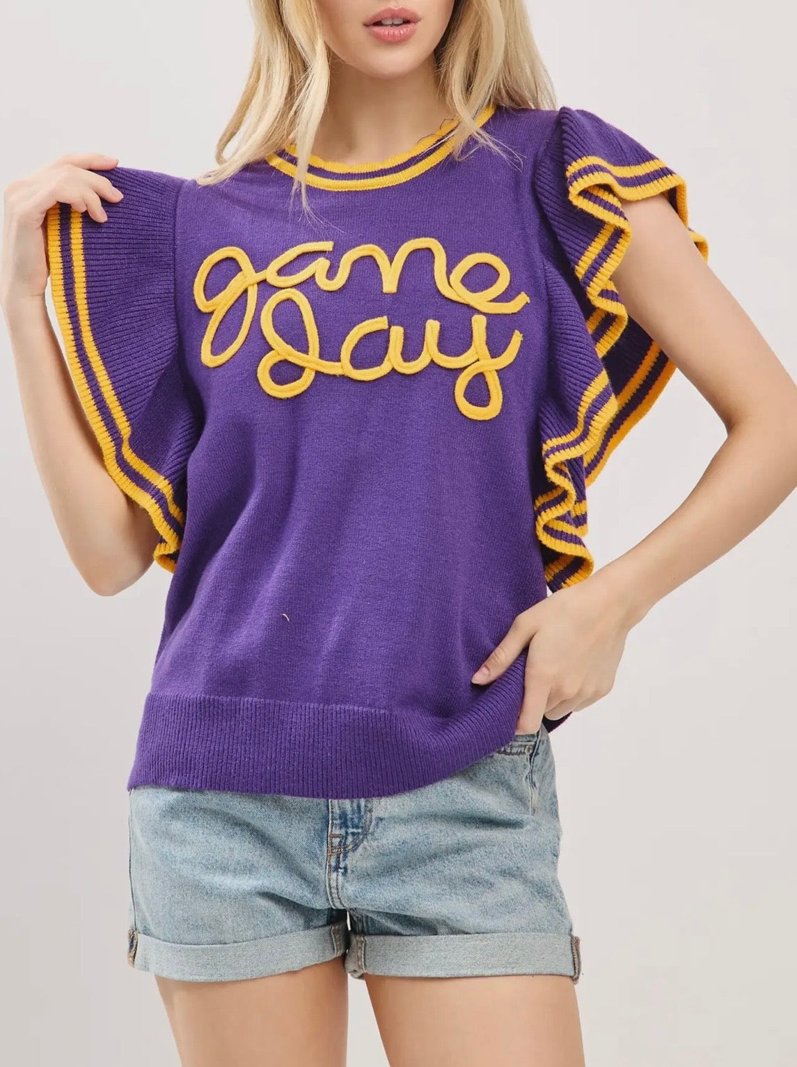 Varsity Game Day Ruffle Sleeve Knit Top-Purple