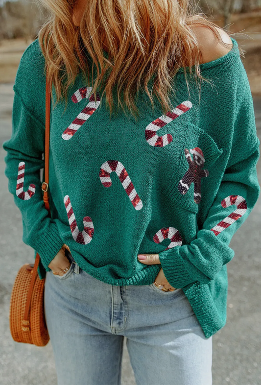 Green Sequined Candy Cane Sweater